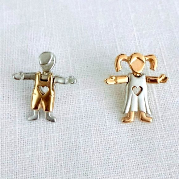 Vintage Heartfelt Duo Silver and Gold Friendship Family Soulmate Pins 1 Inch - Picture 2 of 7